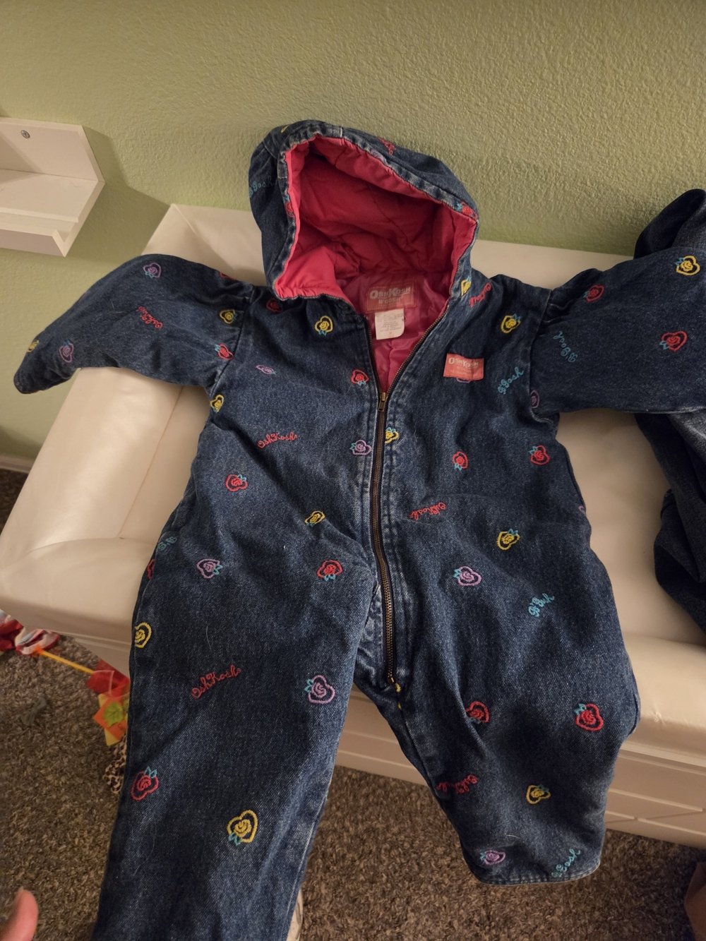 OshKosh B'gosh Denim Hooded One-Piece Snowsuit with Pink Lining 18 M